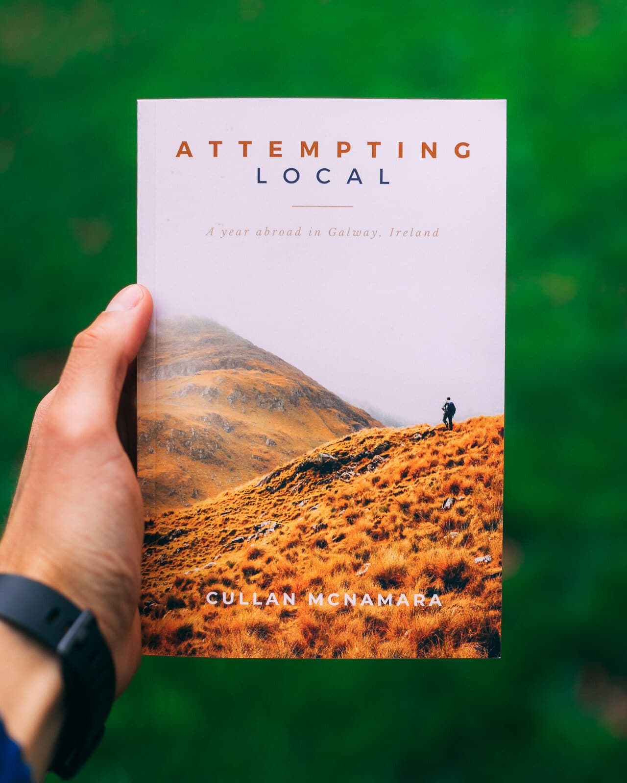 Attempting Local, the paperback, held up against Irish hills