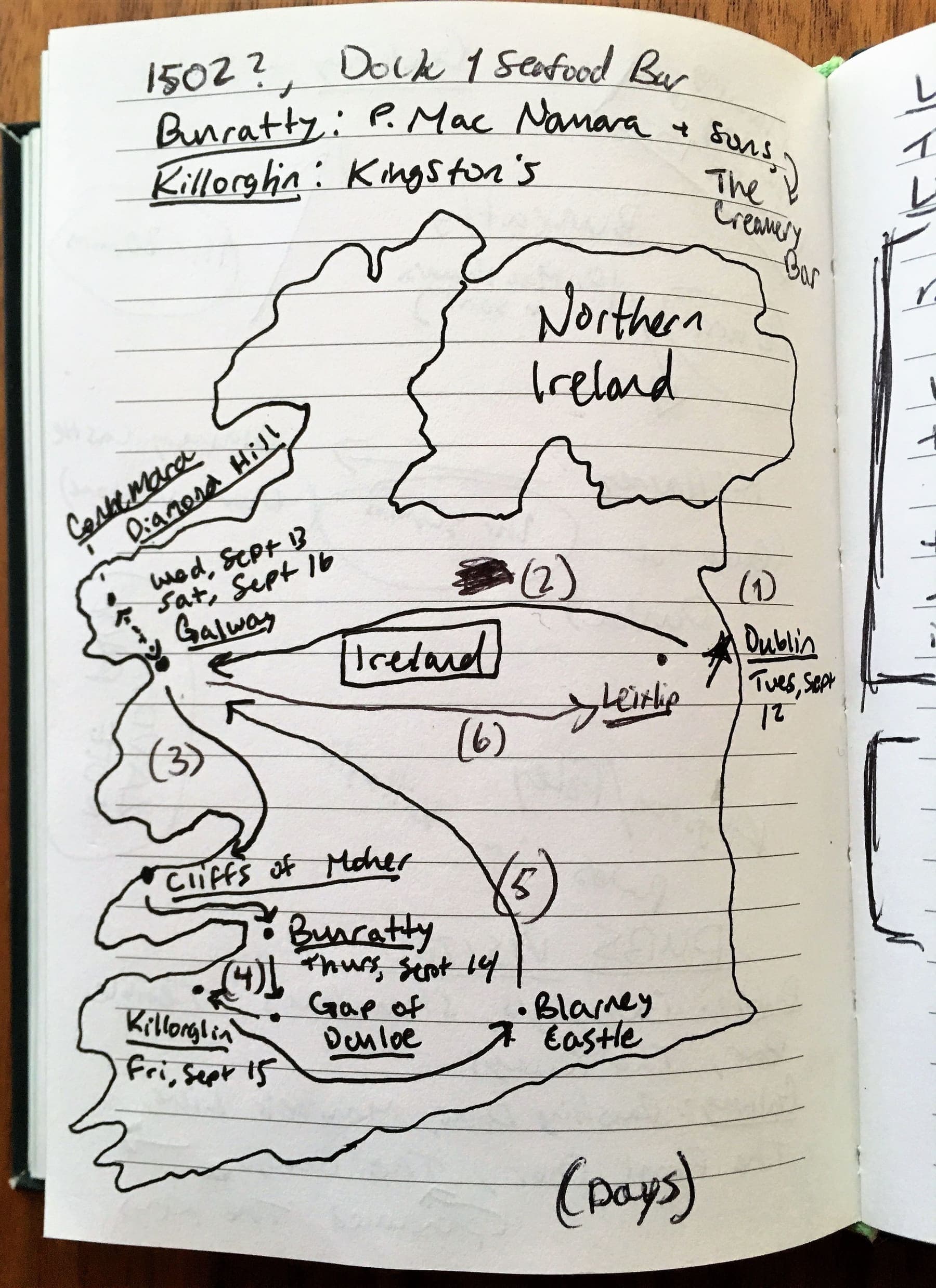 A hand-drawn map of Ireland in Cullan's notebook
