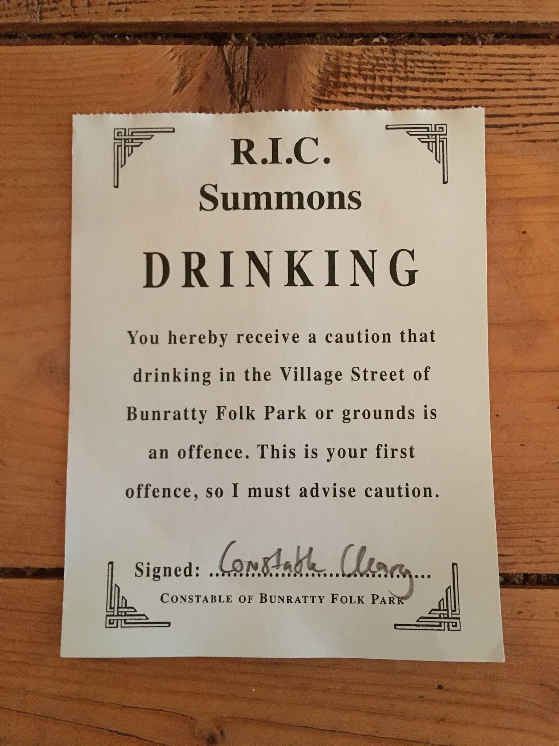 A Bunratty Folk Park summons for drinking in the village street